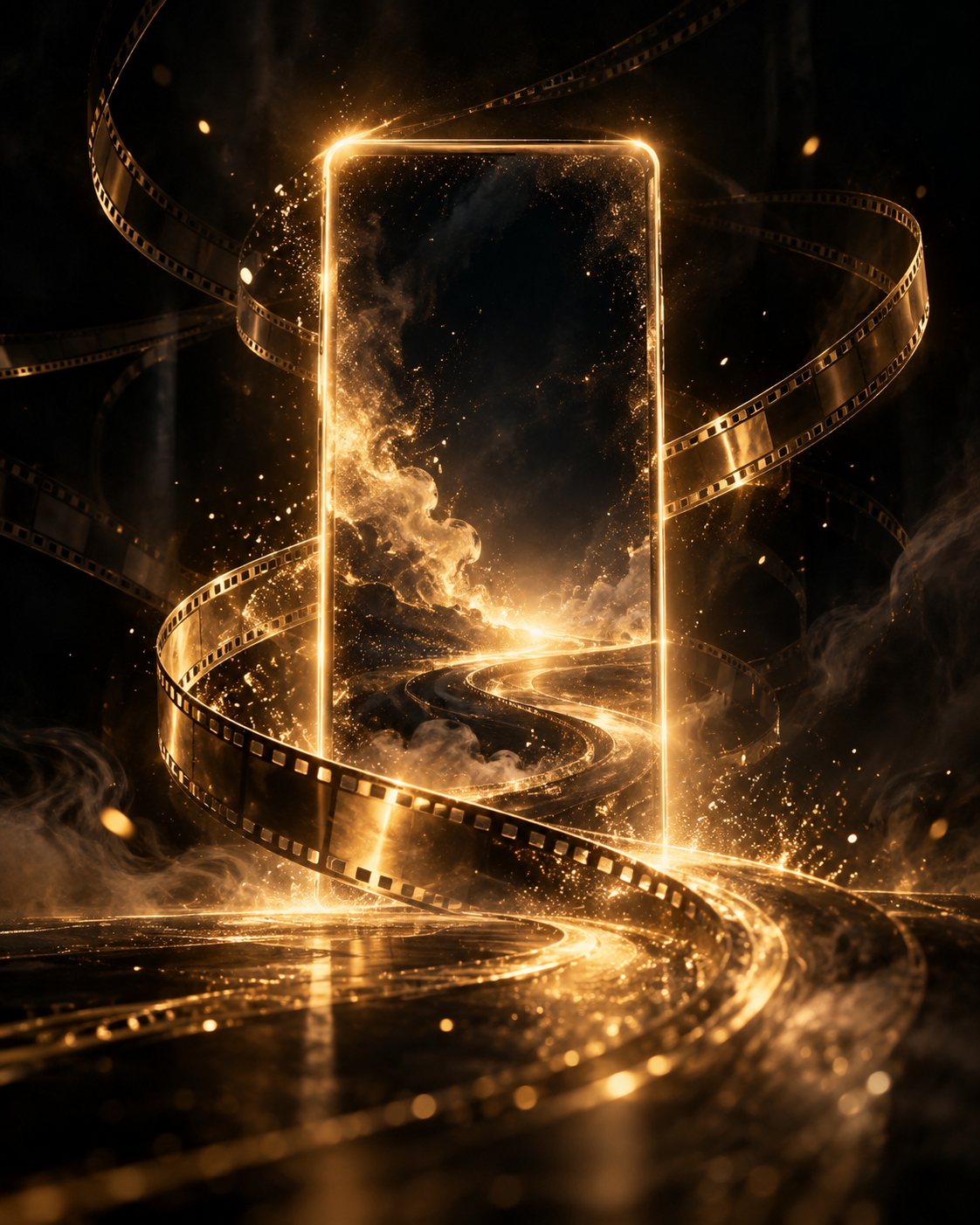 Abstract gold film strips circling a glowing vertical frame, representing vertical drama storytelling.
